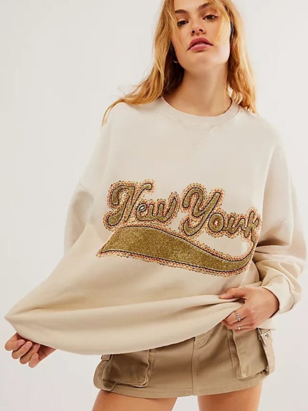 Free People Bali Drifter NEW YORK Sweatshirt Oversized Embroidered Top L